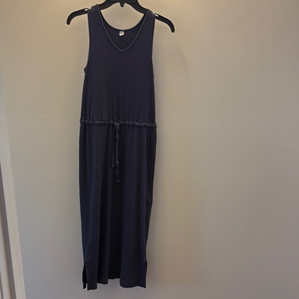 Uniqlo Ribbed Maxi Dress, Small, Navy‎ Blue |Tank Dress w Drawstring Waist